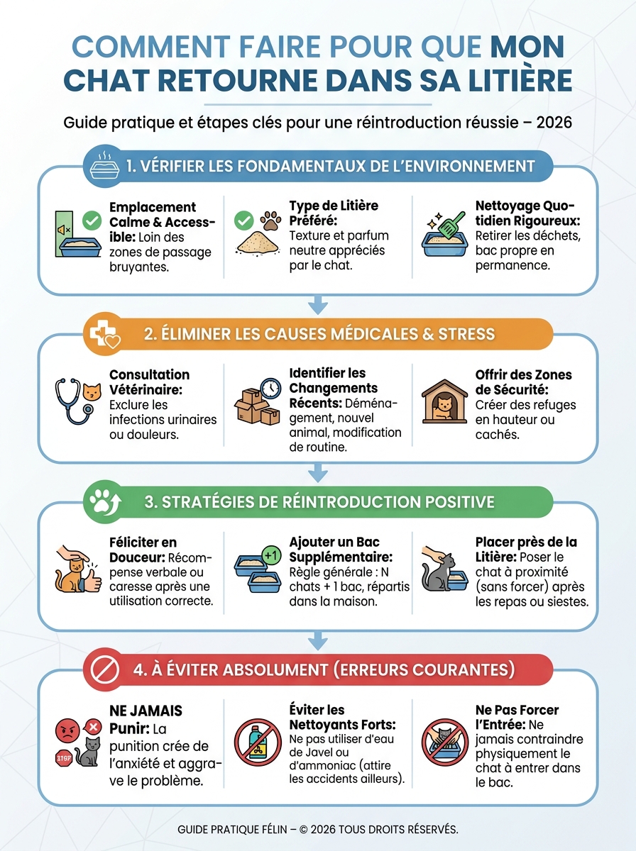 Infographie comment faire pour que mon chat retourne dans sa litière