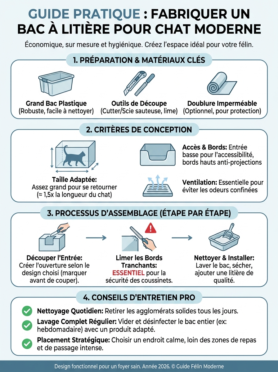 Infographie fabriquer un bac à litière pour chat
