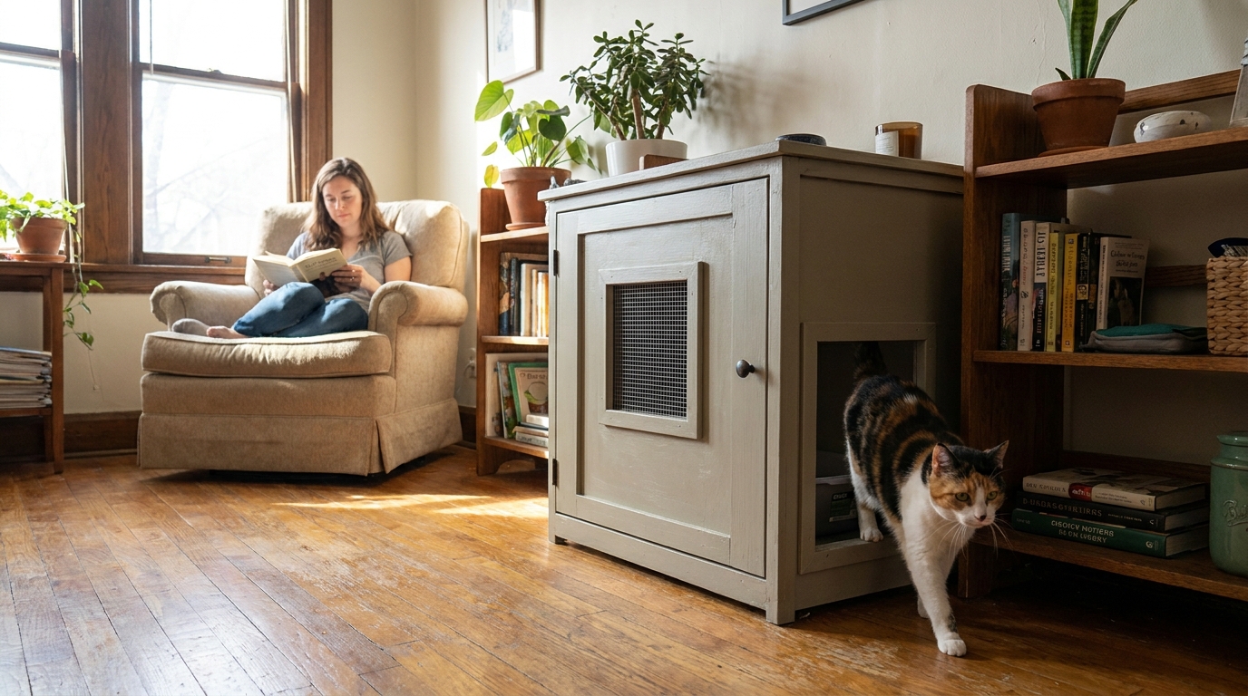 meuble pour litière chat en situation réelle
